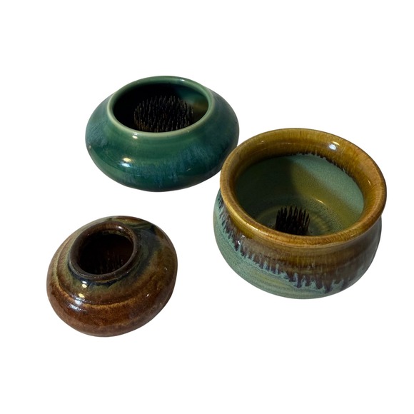 Handmade Other - Set of 3 Studio Ikebana Pottery Flower Frog Bowls Maine Made Signed Green